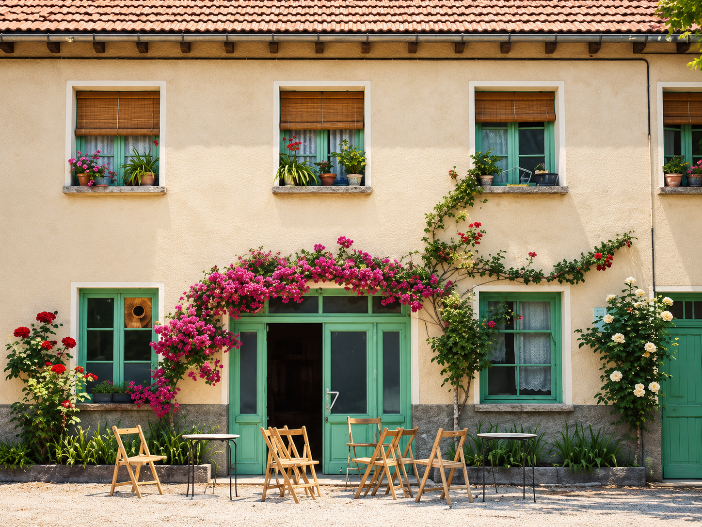 La fachada de La Capilleta, con sus puertas verdes y flores
