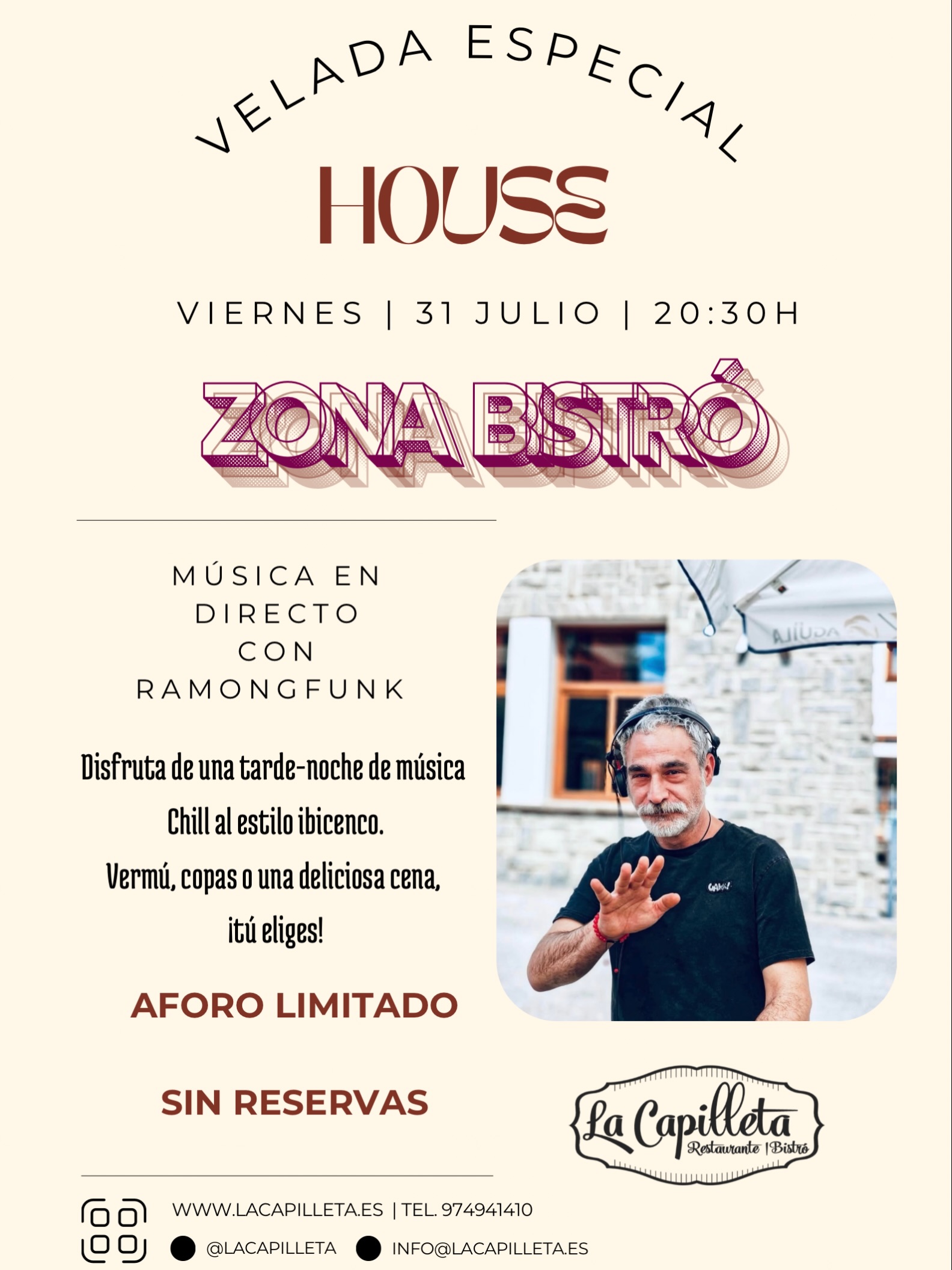Cartel original de RAMONGFUNK: 31 de julio de 2026, 20:30, zona bistró, sin reservas y aforo limitado