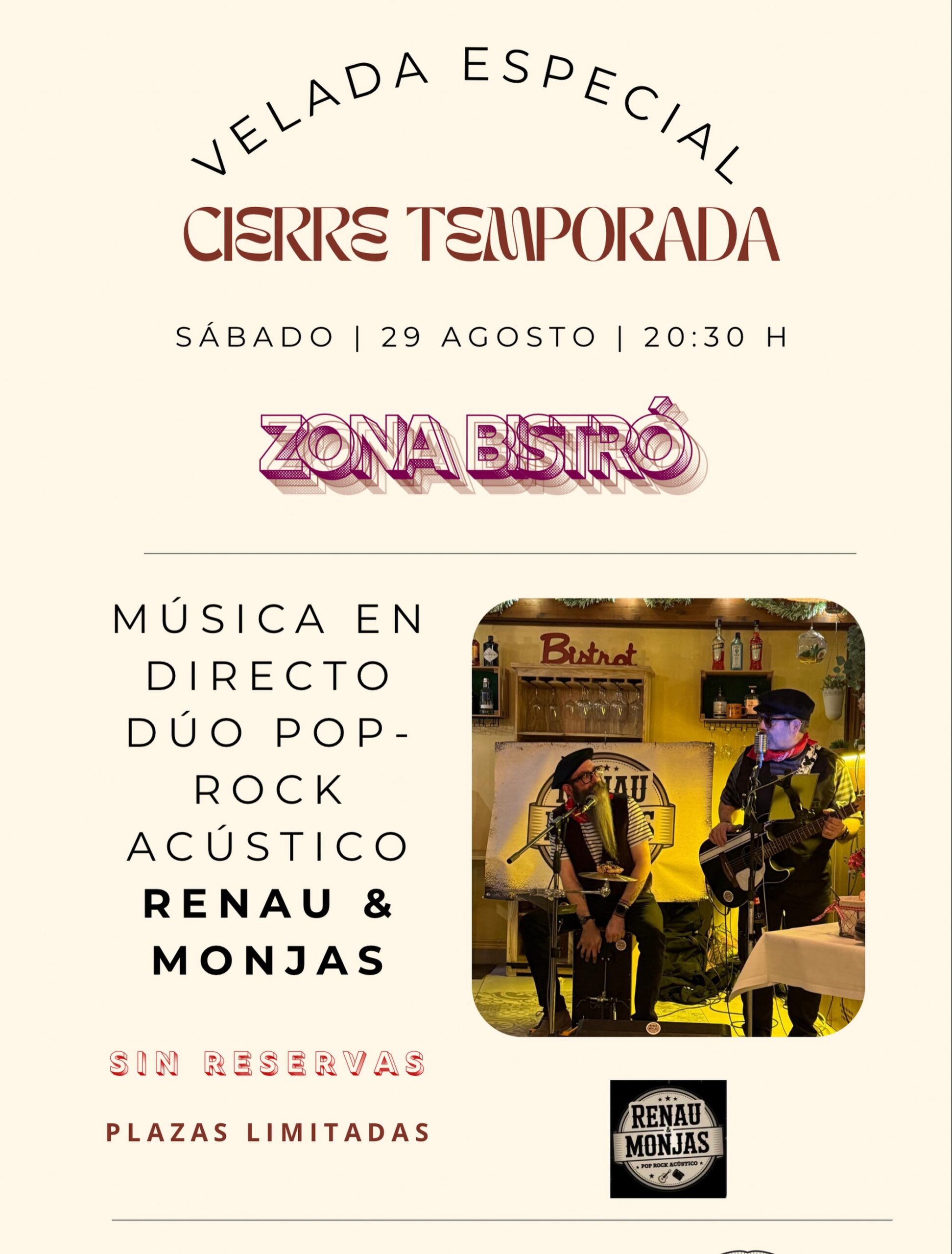 Cartel original de Renau & Monjas: 29 de agosto de 2026, 20:30, zona bistró, sin reservas y aforo limitado