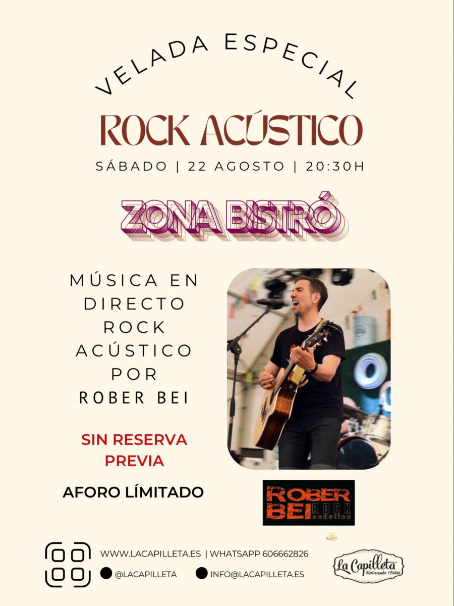 Cartel original de Rober Bei: 22 de agosto de 2026, 20:30, zona bistró, sin reservas y aforo limitado