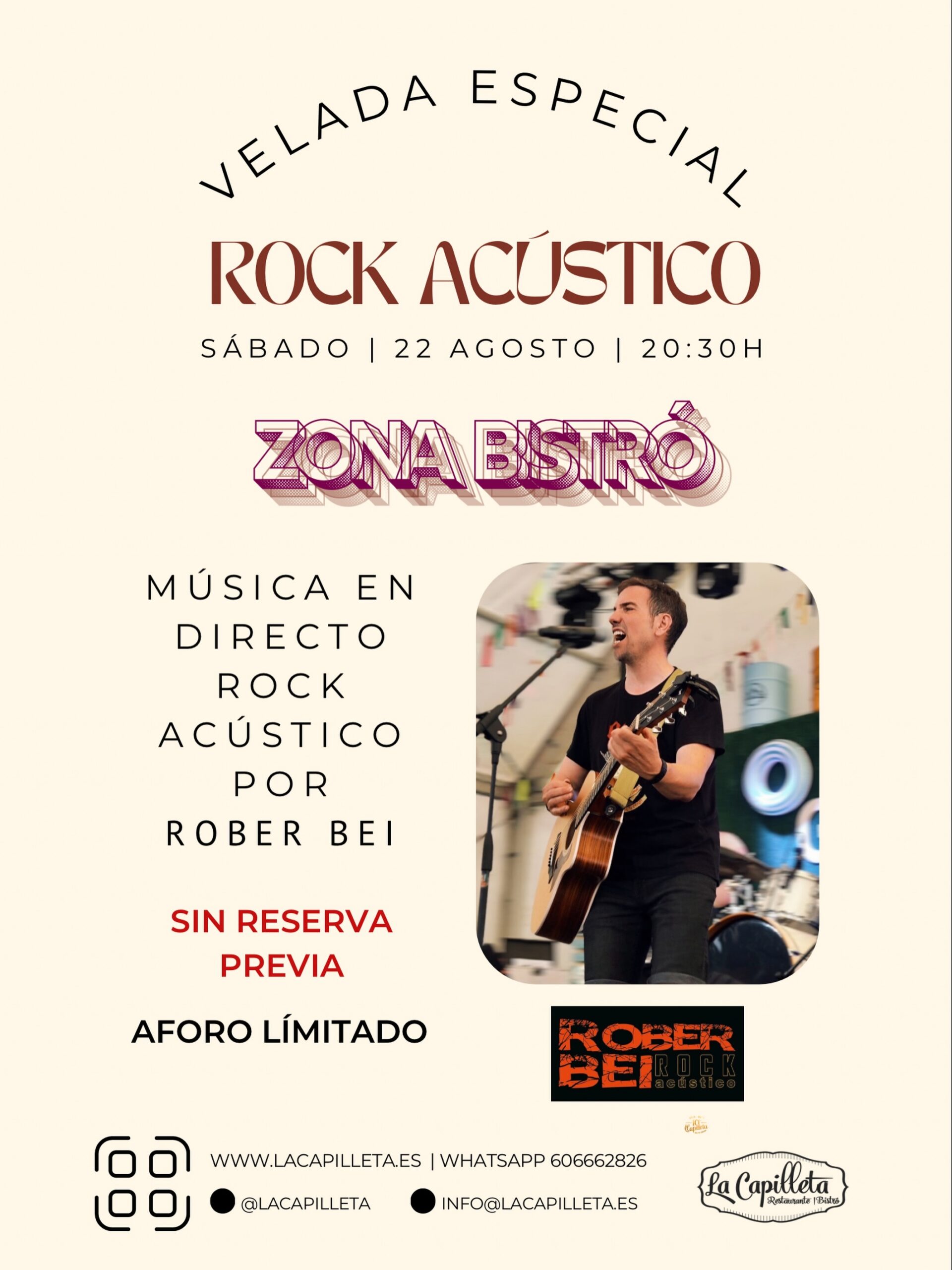 Cartel original de Rober Bei: 22 de agosto de 2026, 20:30, zona bistró, sin reservas y aforo limitado