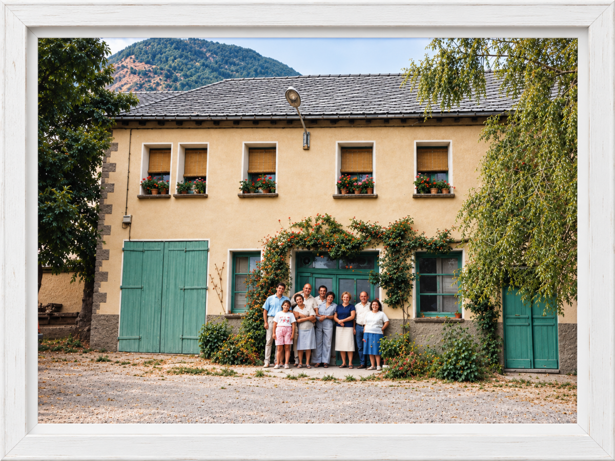 Amigos de la familia frente a La Capilleta, en una fotografía de archivo con marco blanco